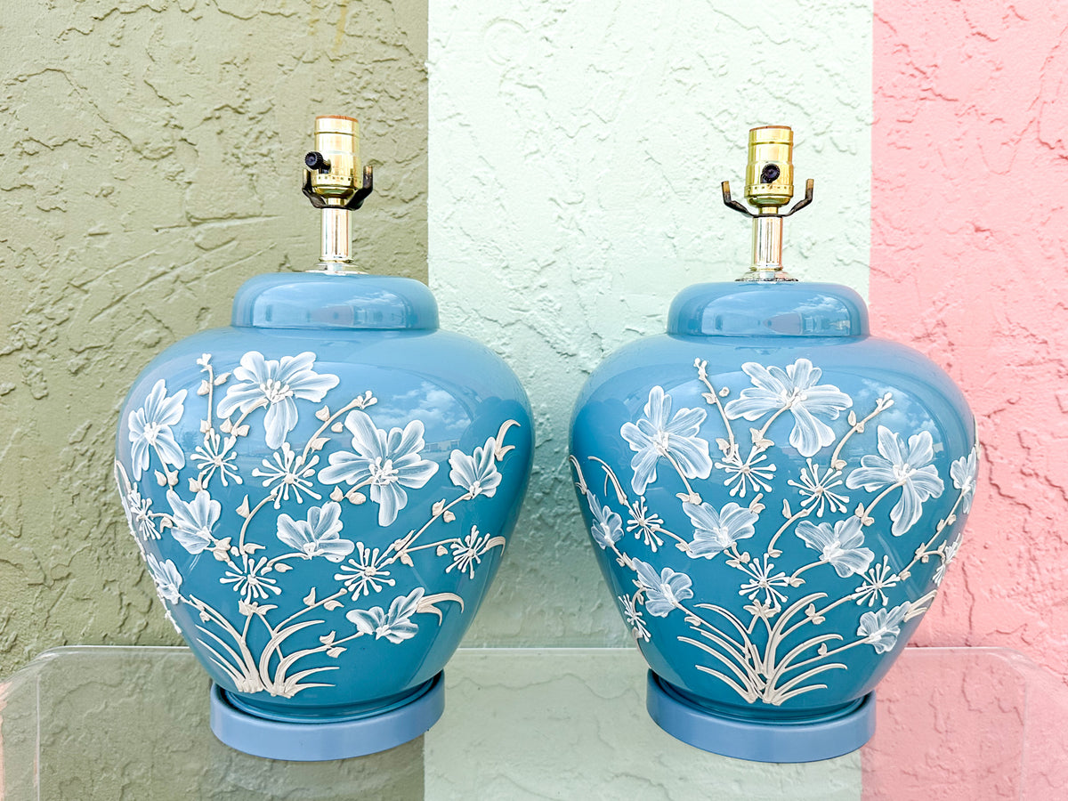 Pair of Robin Egg Blue Floral Icing Lamps