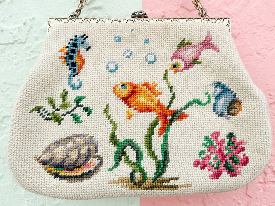 Granny Chic Needlepoint Fish Purse