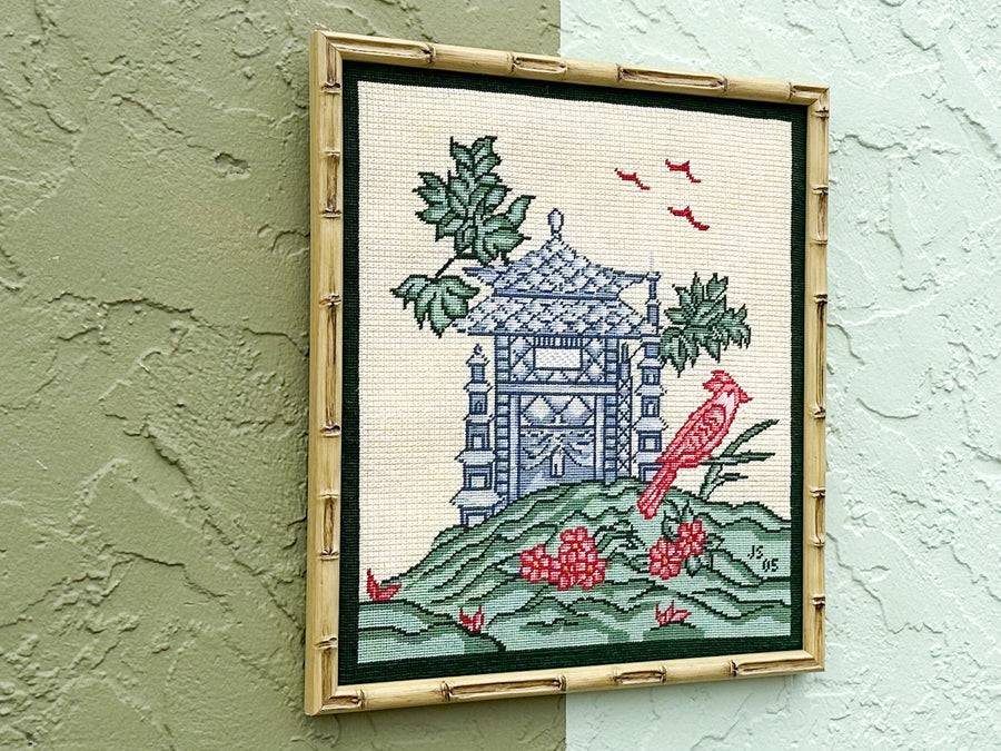 Blue Pagoda Needlepoint Framed Art