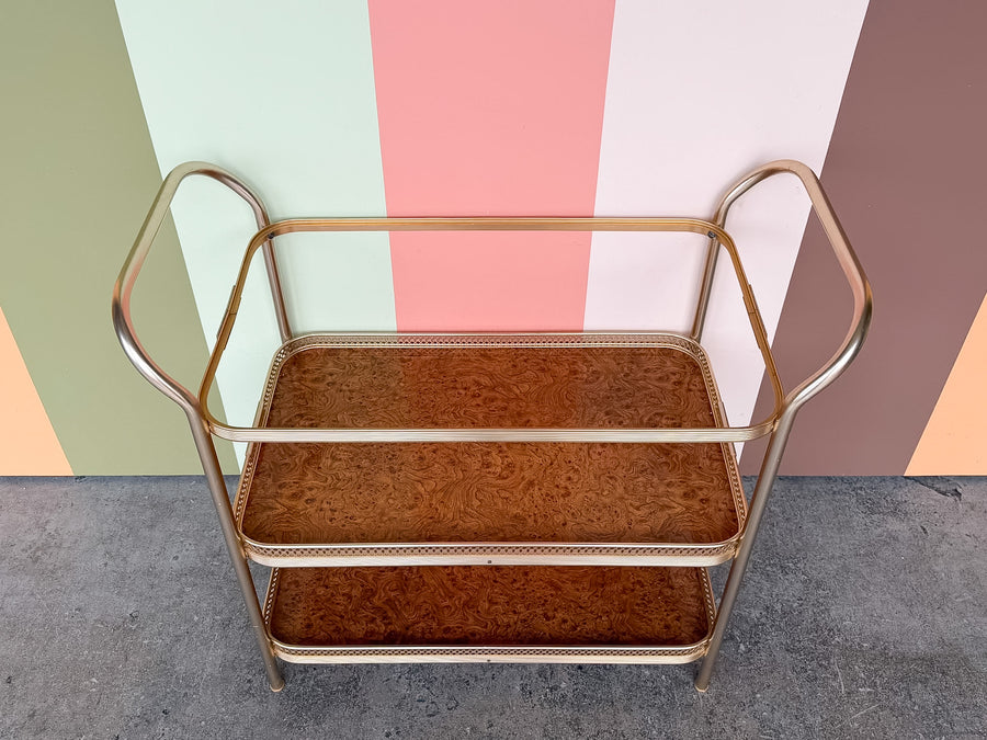 MCM Faux Burl Metal Bar Cart with Tray