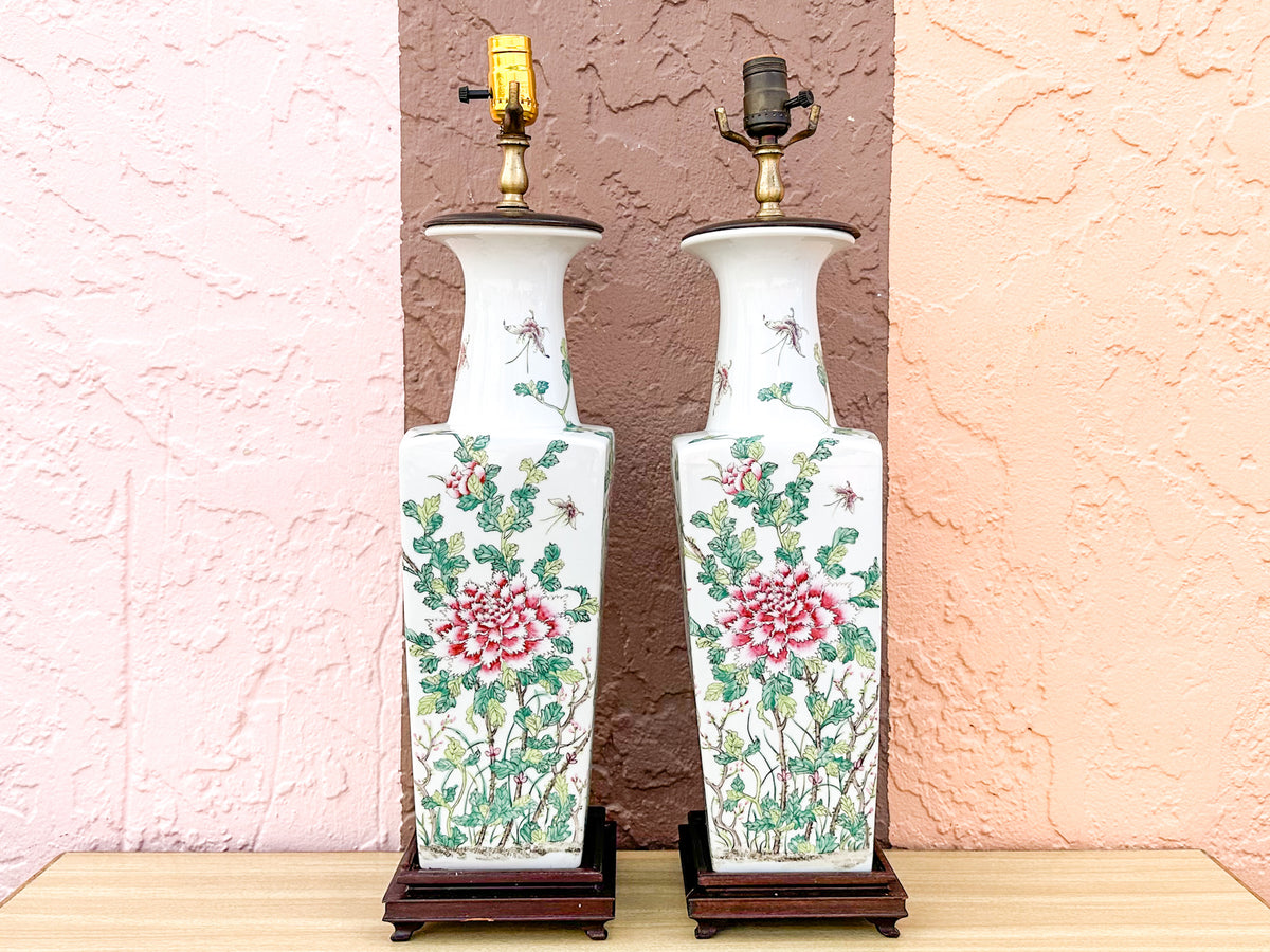 Pair of Colorful Chinoiserie Floral Lamps