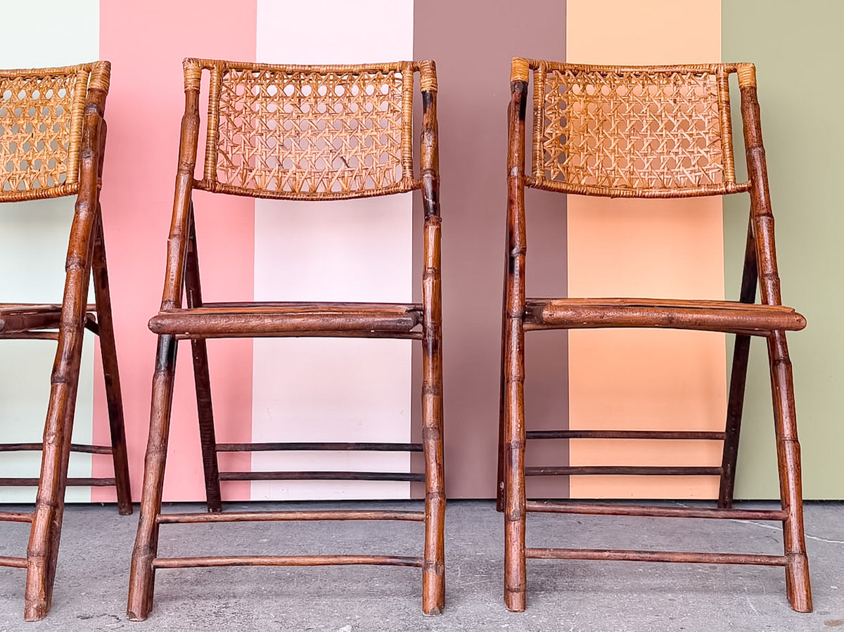 Set of Four Bamboo and Cane Folding Chairs