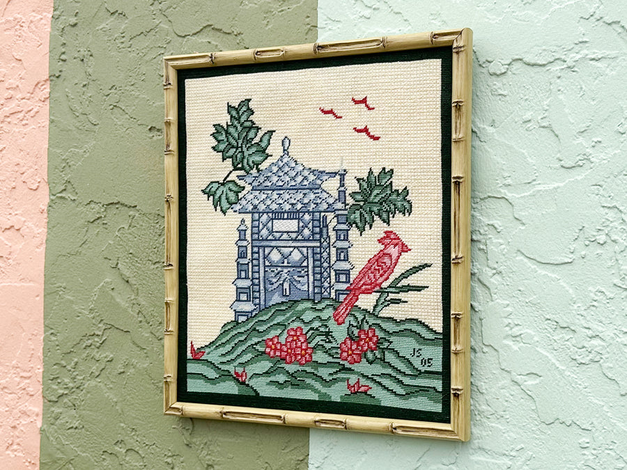 Blue Pagoda Needlepoint Framed Art