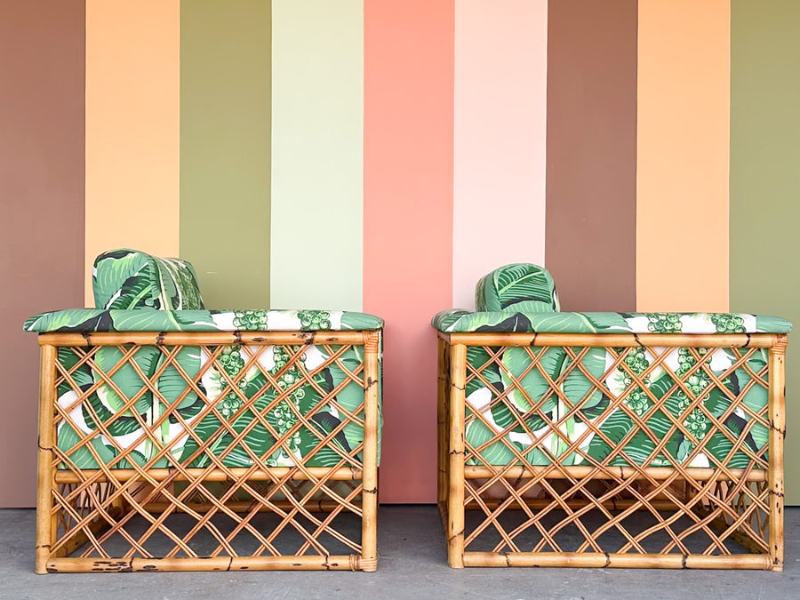 Pair of Rattan and Upholstered Palm Print Club Chairs
