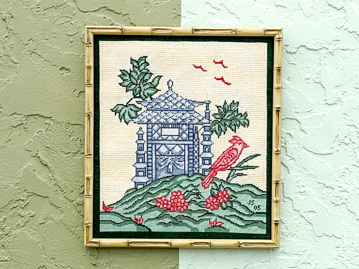 Blue Pagoda Needlepoint Framed Art