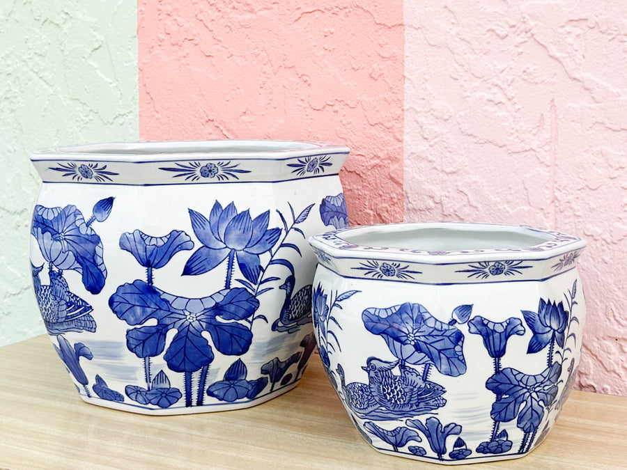Pair of Blue and White Cachepots