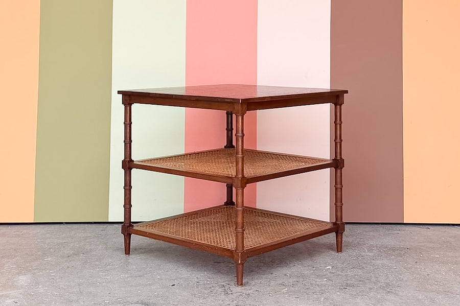 Wood and Cane Faux Bamboo Square Side Table