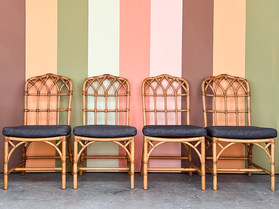 Set of Four Rattan McGuire Style Cathedral Dining Chairs