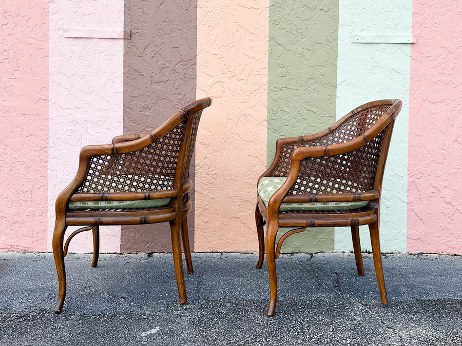 Pair of Handsome Faux Bamboo Cane Barrel Chairs