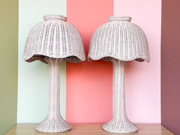 Pair of Scalloped Wicker Lamps