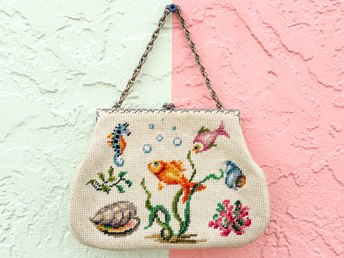 Granny Chic Needlepoint Fish Purse
