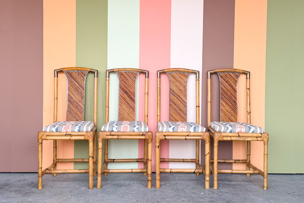 Set of Four Pencil Reed Rattan Dining Chairs