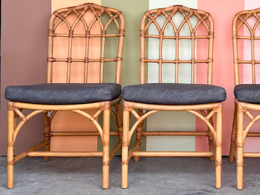 Set of Four Rattan McGuire Style Cathedral Dining Chairs
