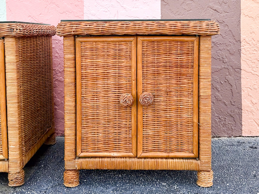 Pair of Cute Wicker Wrapped Nightstands