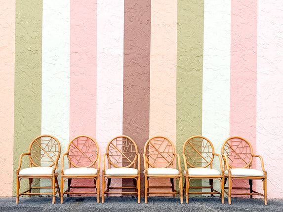 Set of Six McGuire Style Cracked Ice Rattan Dining Chairs