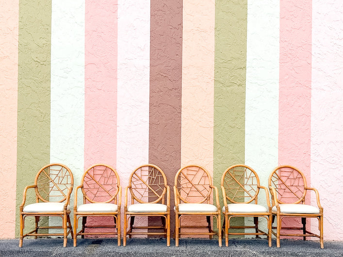 Set of Six McGuire Style Cracked Ice Rattan Dining Chairs