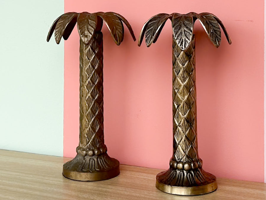 Pair of Brass Palm Tree Candle Holders