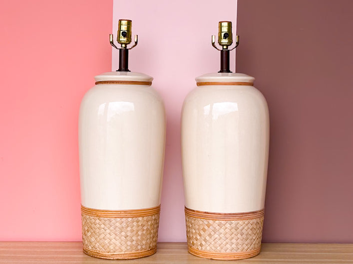 Pair of Rattan Wrapped Ceramic Lamps