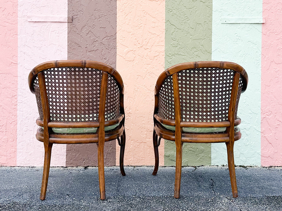 Pair of Handsome Faux Bamboo Cane Barrel Chairs