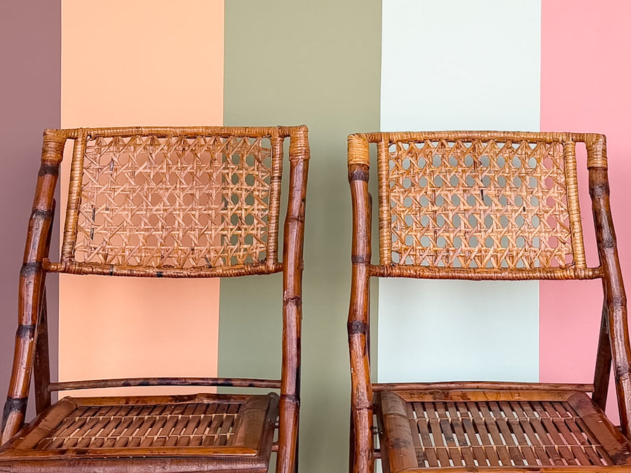 Set of Four Bamboo and Cane Folding Chairs