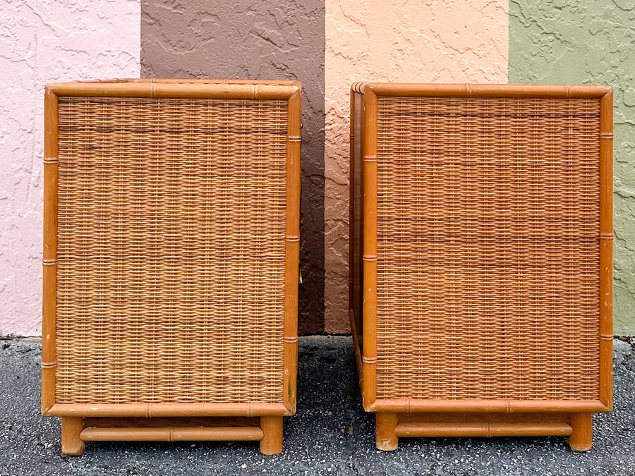 Pair of Rattan Wrapped Faux Bamboo Nightstands