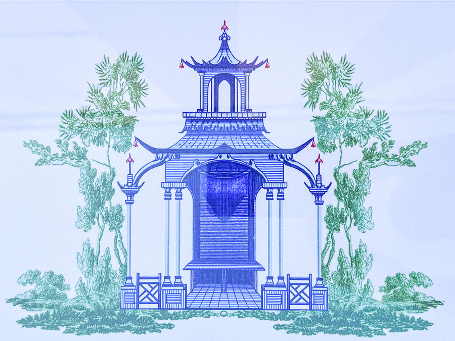 Pair of Blue and White Pagoda Prints