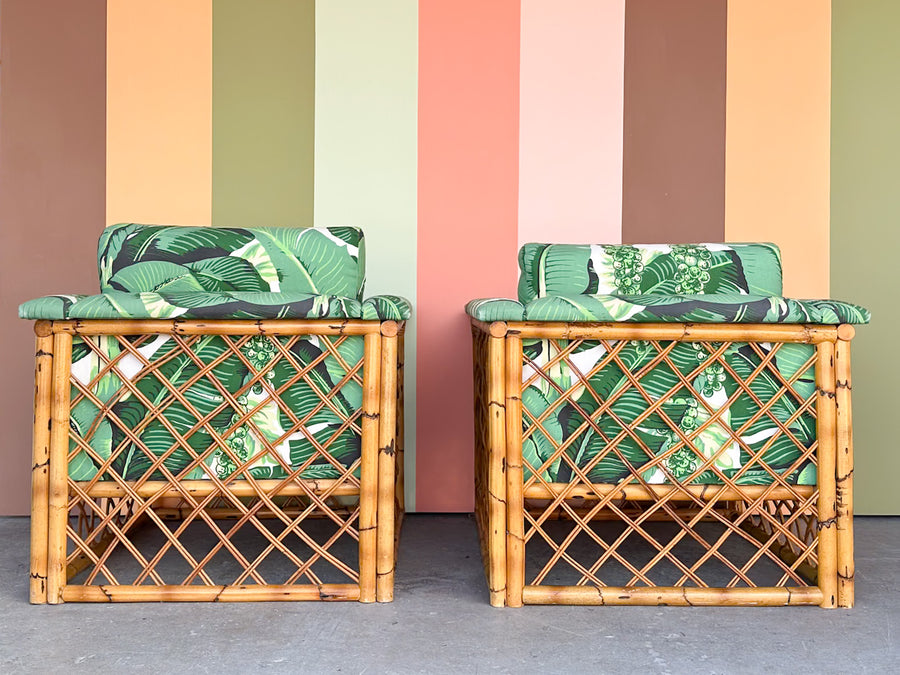 Pair of Rattan and Upholstered Palm Print Club Chairs