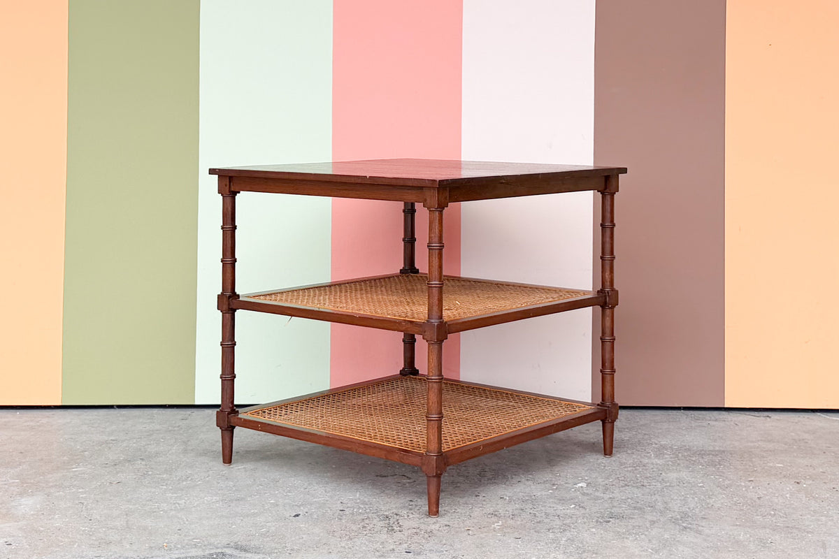 Wood and Cane Faux Bamboo Square Side Table