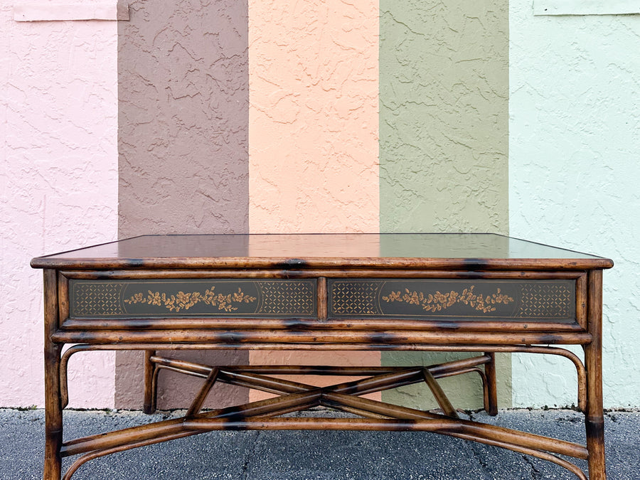 Theodore Alexander Chinoiserie Tortoiseshell Rattan Coffee Table