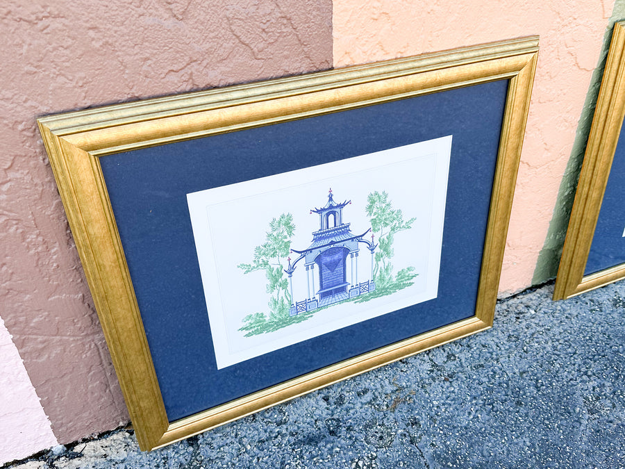 Pair of Blue and White Pagoda Prints