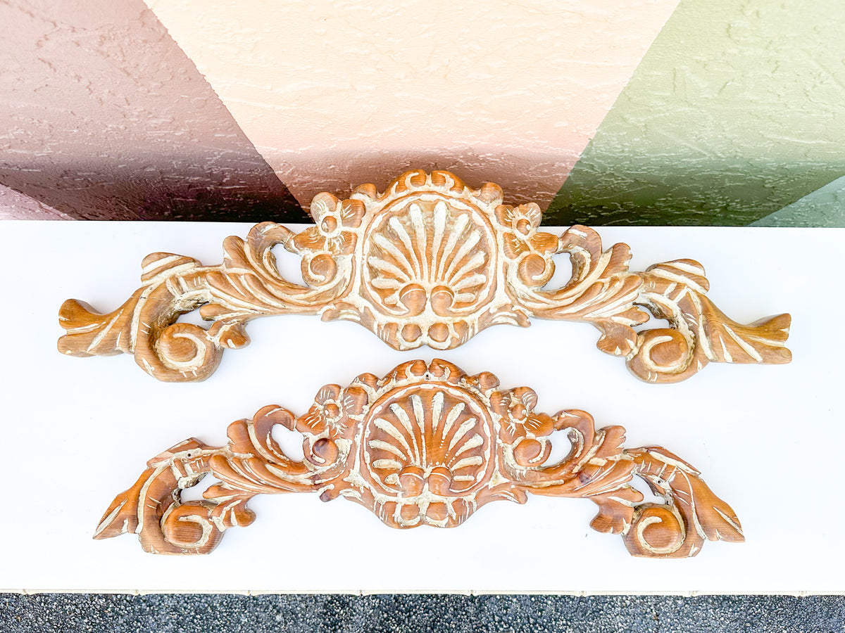 Pair of Wood Carved Shell Motif Wall Art