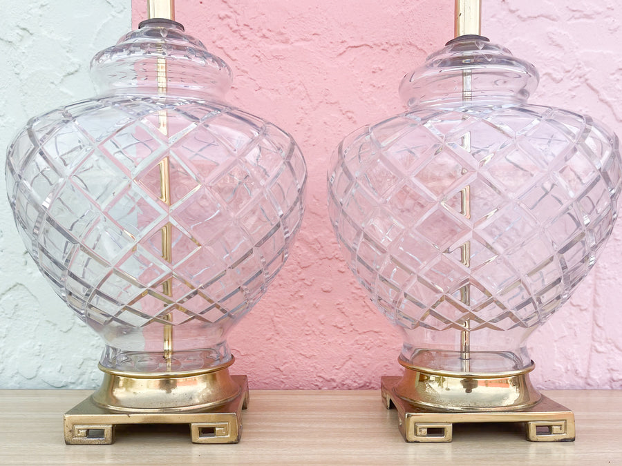 Pair of Brass Greek Key and Crystal Lamps