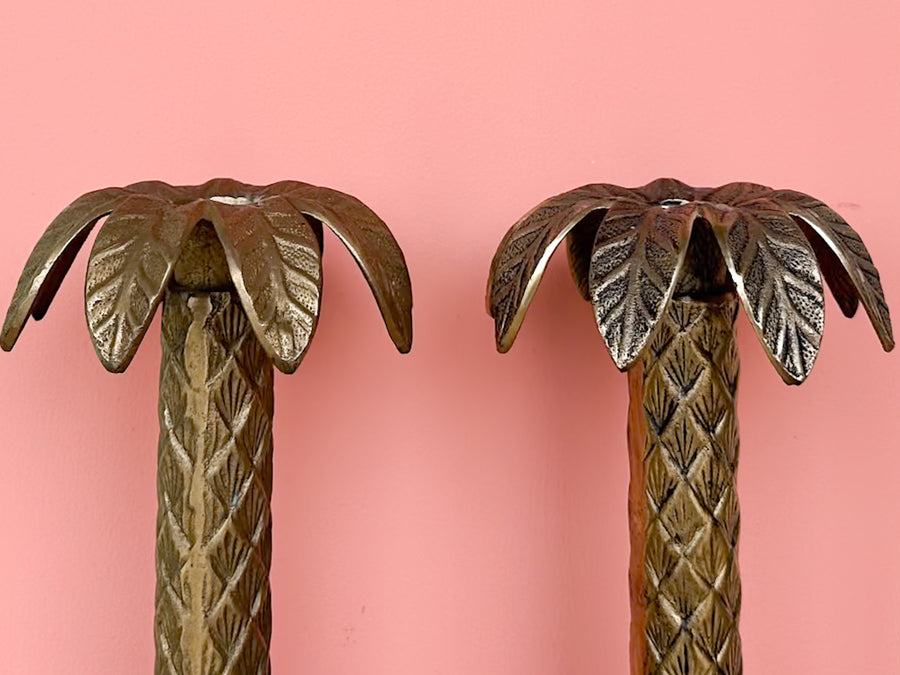 Pair of Brass Palm Tree Candle Holders