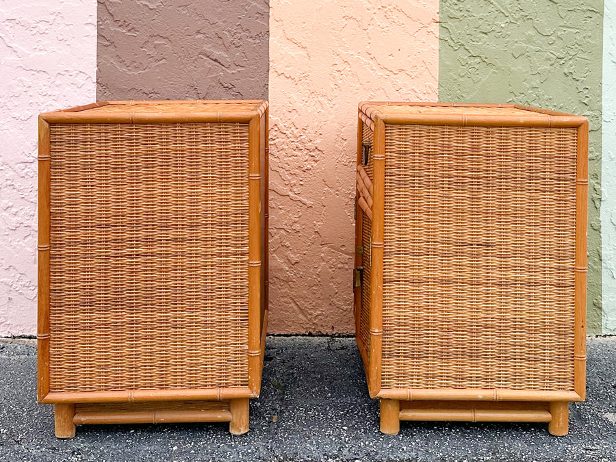 Pair of Rattan Wrapped Faux Bamboo Nightstands