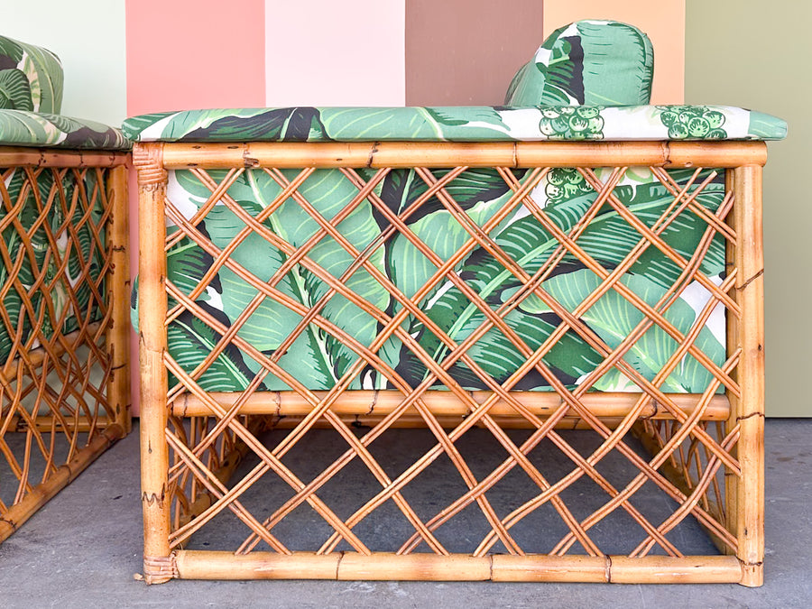 Pair of Rattan and Upholstered Palm Print Club Chairs