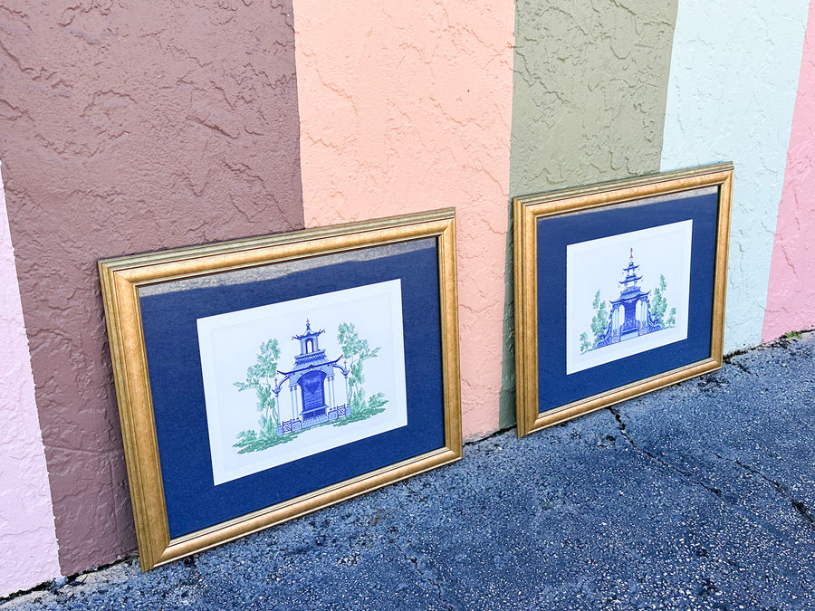 Pair of Blue and White Pagoda Prints