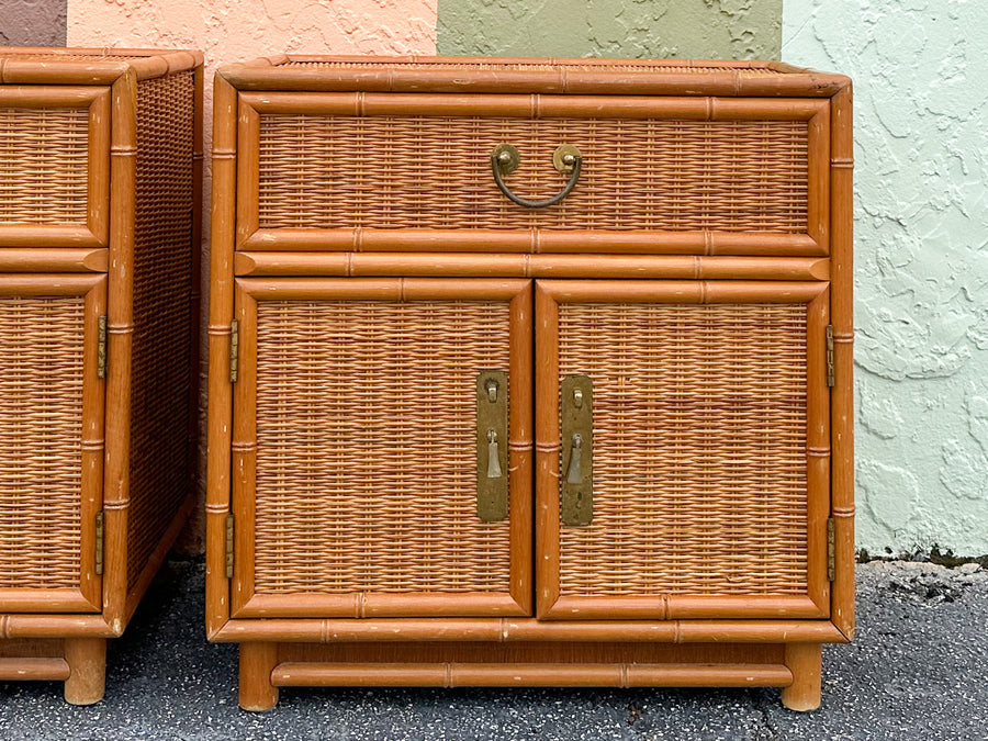 Pair of Rattan Wrapped Faux Bamboo Nightstands