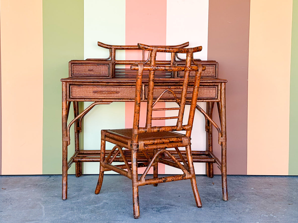 Tortoiseshell Rattan Pagoda Desk and Chair