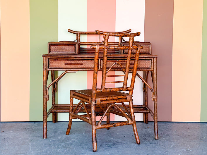 Tortoiseshell Rattan Pagoda Desk and Chair