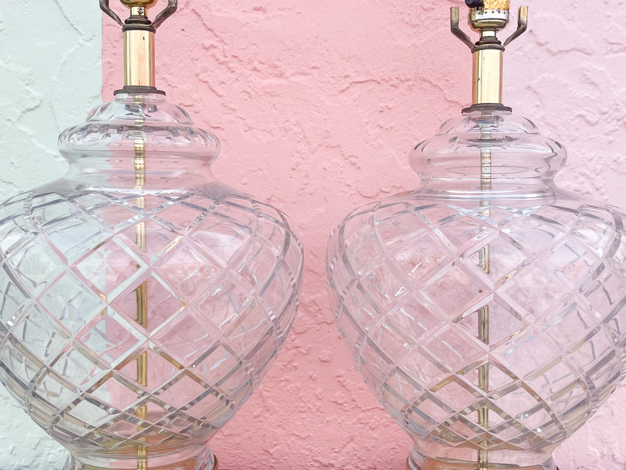 Pair of Brass Greek Key and Crystal Lamps