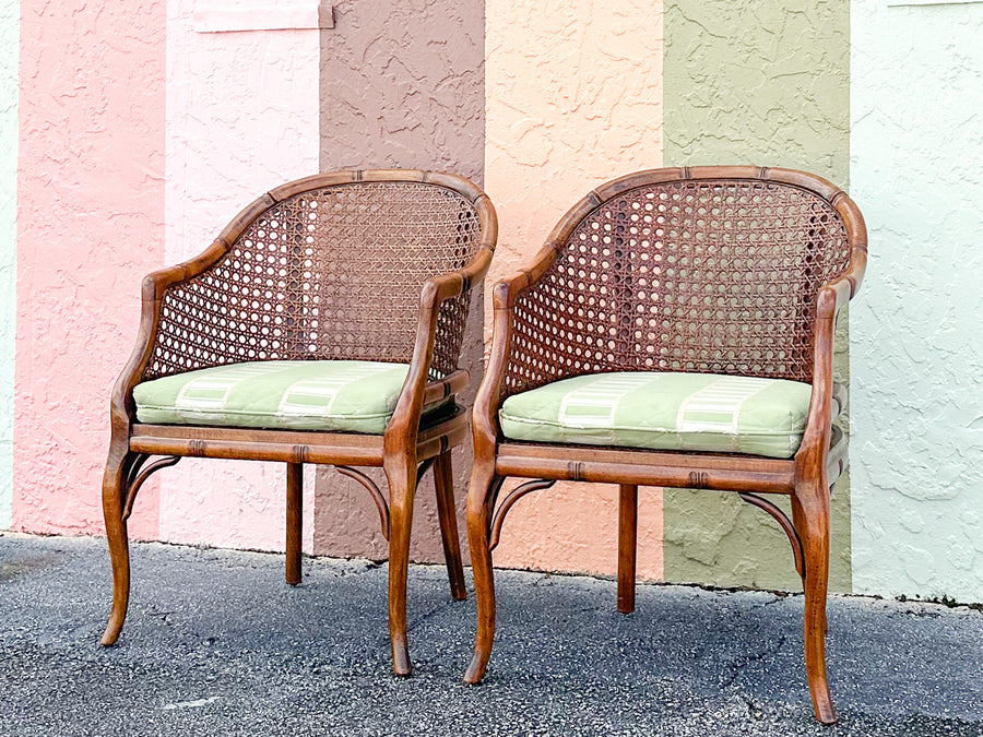 Pair of Handsome Faux Bamboo Cane Barrel Chairs
