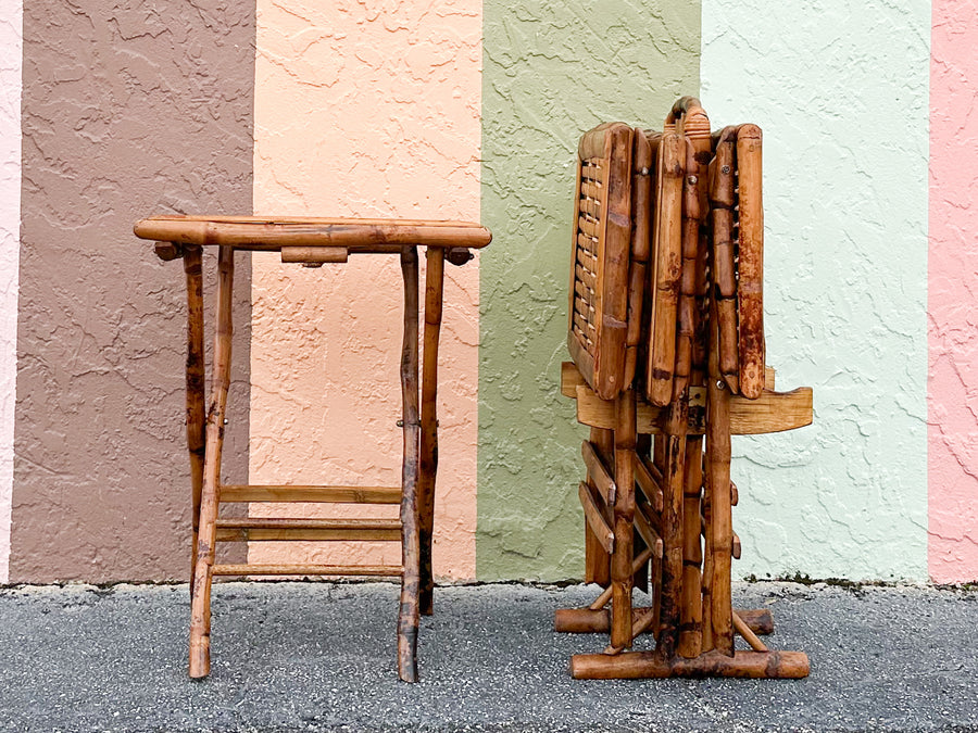 Set of Four Tortoiseshell Bamboo Folding Tables and Stand