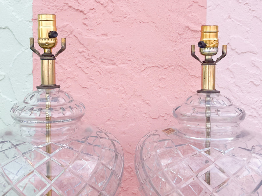 Pair of Brass Greek Key and Crystal Lamps