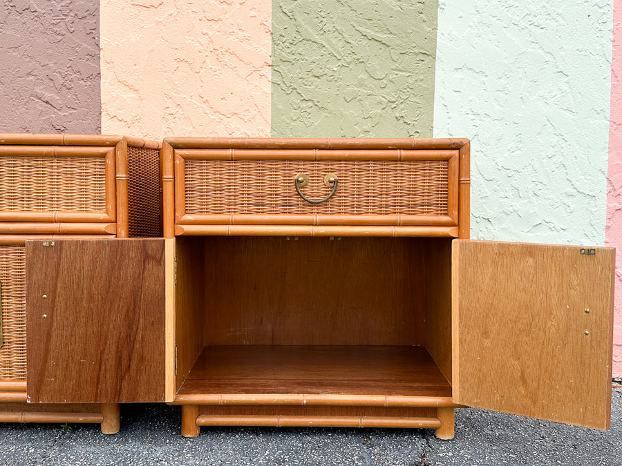Pair of Rattan Wrapped Faux Bamboo Nightstands