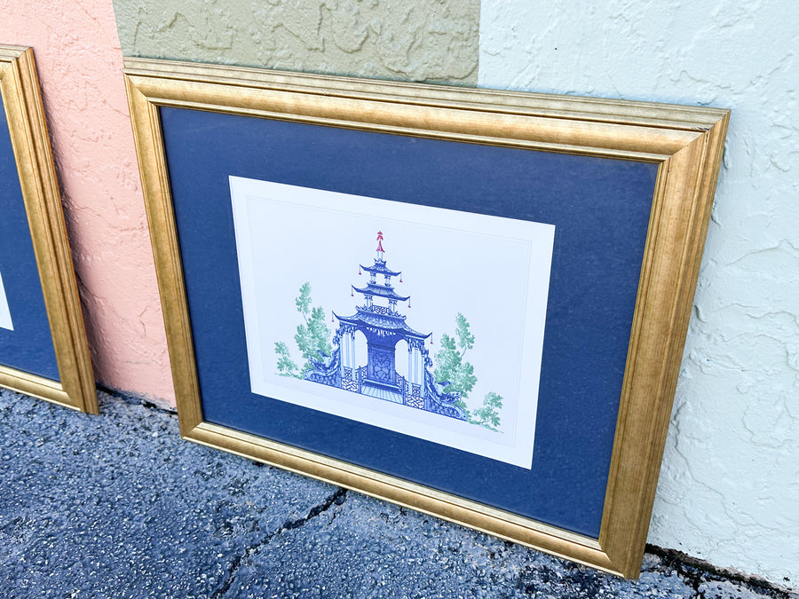 Pair of Blue and White Pagoda Prints