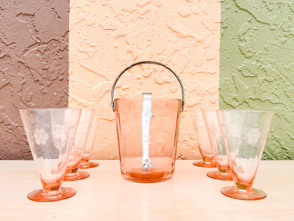 Set of Six Etched Pink Glasses and Ice Bucket