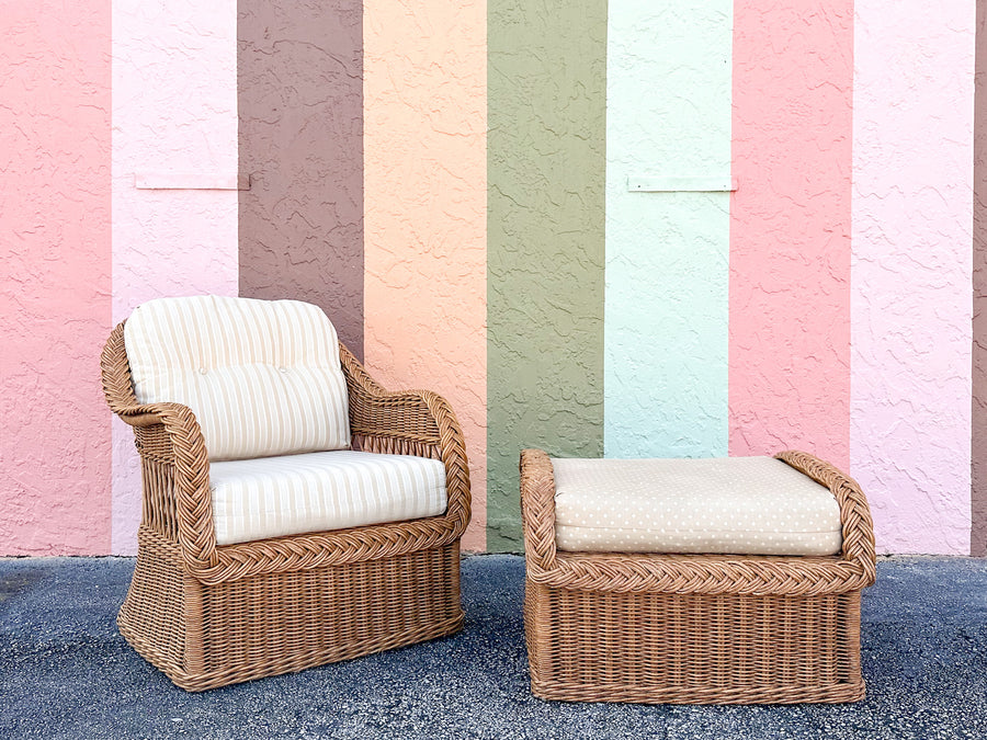 Braided Rattan Lounge Chair and Ottoman