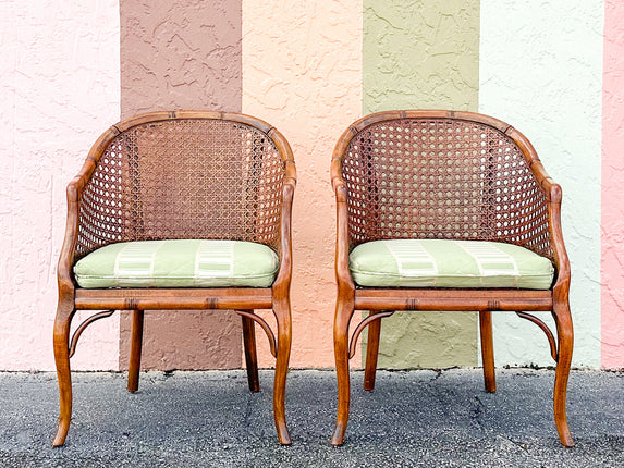 Pair of Handsome Faux Bamboo Cane Barrel Chairs