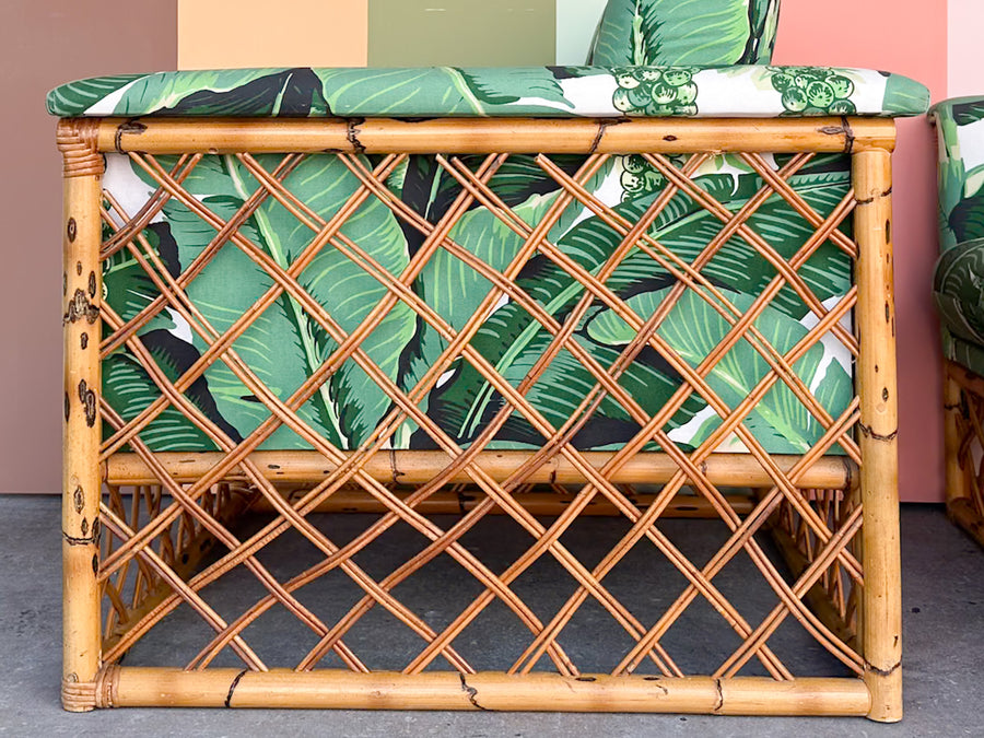Pair of Rattan and Upholstered Palm Print Club Chairs