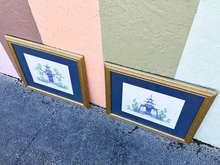 Pair of Blue and White Pagoda Prints